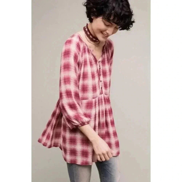 {Anthropologie} Maeve Calavon Peplum Top Burgundy Plaid - Picture 2 of 11